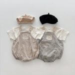 【66-90cm】セットアップ ベビー チェックサロペットロンパース&半袖Tシャツ
