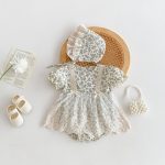 【66-90cm】ロンパース＆帽子 ベビー服 女の子 レース 花柄