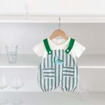 【66-90cm】カバーオール ベビー 半袖 恐竜 ストライプ