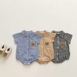 【66-90cm】ロンパース ベビー チェック クマロゴ