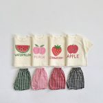 【80-130cm】セットアップ キッズ服 フルーツ柄 トップス&チェックショートパンツ
