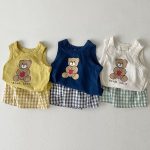 【73-100cm】セットアップ ベビー くまさんベスト&チェックショートパンツ