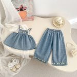 【73-120cm】デニムセットアップ ベビー 女の子 フラワー 刺繍 - 画像 (3)