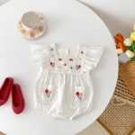 【66-100cm】ロンパース ベビー 女の子 花刺繍 スクエアネック - 画像 (4)