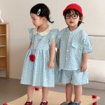 【80-150cm】セットアップorワンピース ライトブルーチェック - 画像 (2)