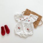 【66-100cm】ロンパース ベビー 女の子 花刺繍 スクエアネック - 画像 (2)