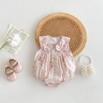 【66-90cm】ロンパース ベビー 小花柄 丸襟 ノースリーブ