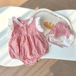 【66-90cm】ロンパース&ヘッドバンド ベビー 女の子 レース チェック - 画像 (7)