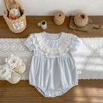 【66-90cm】ロンパース ベビー 女の子 二重レースパフスリーブ - 画像 (4)