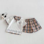 【73-120cm】半袖Tシャツ or チェックショートパンツ 韓国風 刺繍ロゴ