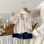 【73-100cm】シャツ or デニムショートパンツ 韓国風 ストライプ - 画像 (6)