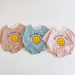 【66-90cm】ロンパース ベビー 半袖 笑顔柄 ボーダー