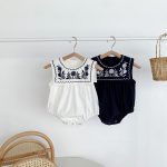 【66-90cm】ロンパース ベビー ナチュラル 花刺繍 スクエア襟 - 画像 (6)