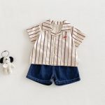 【73-100cm】シャツ or デニムショートパンツ 韓国風 ストライプ - 画像 (3)