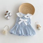 【73-100cm】ワンピース ベビー 女の子 ストライプ リボン付き