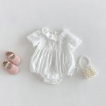 【66-90cm】ロンパース ベビー 女の子 ラウンドネック 刺繍