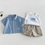 【73-100cm】シャツ or ベスト or ショートパンツ ベビー チェック カートゥーン