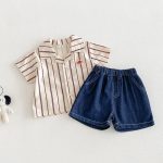 【73-100cm】シャツ or デニムショートパンツ 韓国風 ストライプ