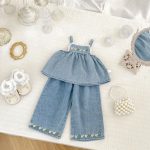 【73-120cm】デニムセットアップ ベビー 女の子 フラワー 刺繍