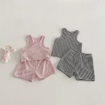 【80-130cm】セットアップ ベビー ボーダー ノースリーブ 着心地抜群 - 画像 (2)