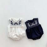 【66-90cm】ロンパース ベビー ナチュラル 花刺繍 スクエア襟