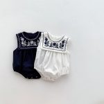 【66-90cm】ロンパース ベビー ナチュラル 花刺繍 スクエア襟 - 画像 (3)