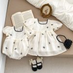 【66-120cm】ロンパース or ワンピース ベビー 女の子 リボン バブルスリーブ