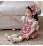 【66-90cm】ロンパース&ヘッドバンド ベビー 女の子 レース チェック - 画像 (2)