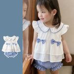 【73-110cm】ブラウス＆ブルマ ブルー 蝶結び 女の子 - 画像 (2)