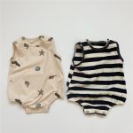 【66-90cm】ロンパース ノースリーブ 総柄ストライプ ベビー服