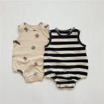 【66-90cm】ロンパース ノースリーブ 総柄ストライプ ベビー服 - 画像 (3)