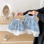 【66-100cm】姉妹服 ノースリーブ ブルーロンパースorワンピース - 画像 (10)