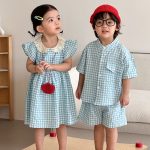 【80-150cm】セットアップorワンピース ライトブルーチェック - 画像 (8)