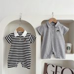 【66-90cm】オールインワン クマロゴ ボーダー ベビー服 - 画像 (9)