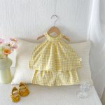 【73-110cm】セットアップ イエロー チェックトップス&ブルマ - 画像 (4)