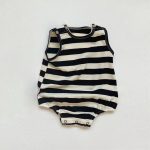 【66-90cm】ロンパース ノースリーブ 総柄ストライプ ベビー服 - 画像 (4)