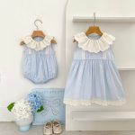 【66-130cm】ロンパースorワンピース フリル襟 ブルー 姉妹服 - 画像 (9)