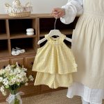 【73-110cm】セットアップ イエロー チェックトップス&ブルマ - 画像 (8)