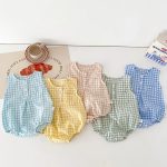 【66-90cm】ロンパース ベビー ノースリーブ チェック柄