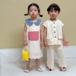 【80-150cm】セットアップ/ワンピース 可愛い チェック おしゃれ 兄妹お揃い