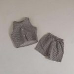 【73-100cm】セットアップ ベビー 韓国風 チェック ベスト&ショートパンツ - 画像 (4)