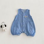 【66-90cm】サロペット ポケット付き ブルー シンプル 可愛い - 画像 (2)