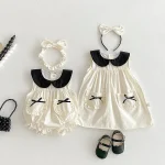 【66-140cm】ロンパース or ワンピース ベビー 女の子 丸襟 リボン