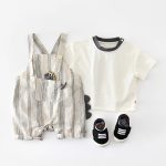 【73-100cm】セットアップ ストライプ 恐竜 サロペット&シャツ - 画像 (3)