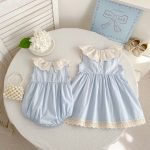 【66-130cm】ロンパースorワンピース フリル襟 ブルー 姉妹服 - 画像 (3)