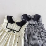 【66-90cm】ロンパース ベビー 丸襟 チェック or ドット柄 - 画像 (6)