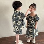 【80-150cm】セットアップorワンピース ブラック花 おしゃれ 兄妹お揃い - 画像 (18)