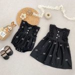 【90-130cm】ロンパースorワンピース 蝶結び柄 ブラック 姉妹服 - 画像 (5)