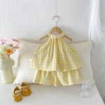 【73-110cm】セットアップ イエロー チェックトップス&ブルマ - 画像 (3)
