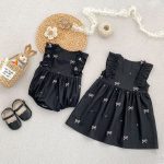 【90-130cm】ロンパースorワンピース 蝶結び柄 ブラック 姉妹服 - 画像 (6)